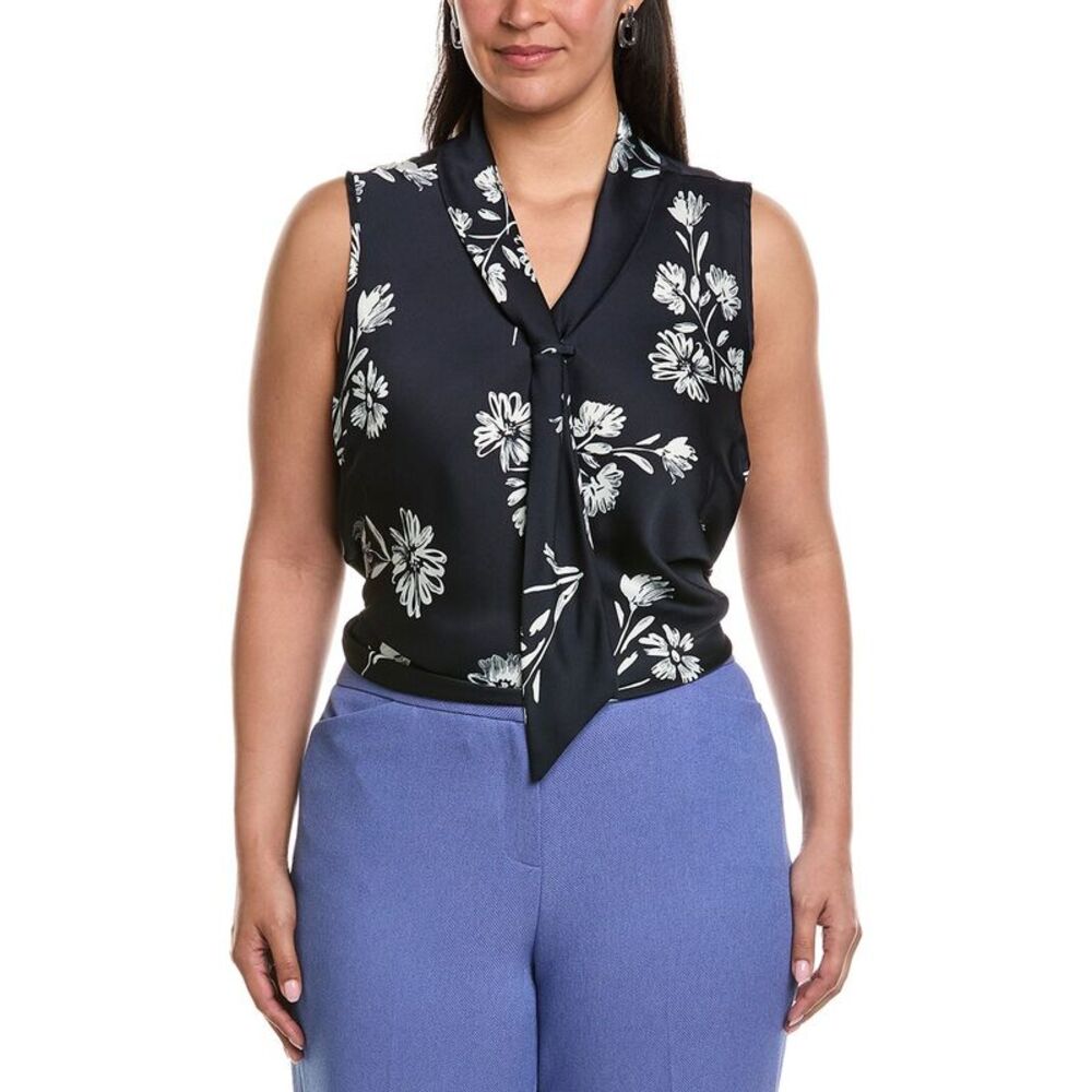 Tahari Asl Womens Plus Hammer Satin Top, Navy